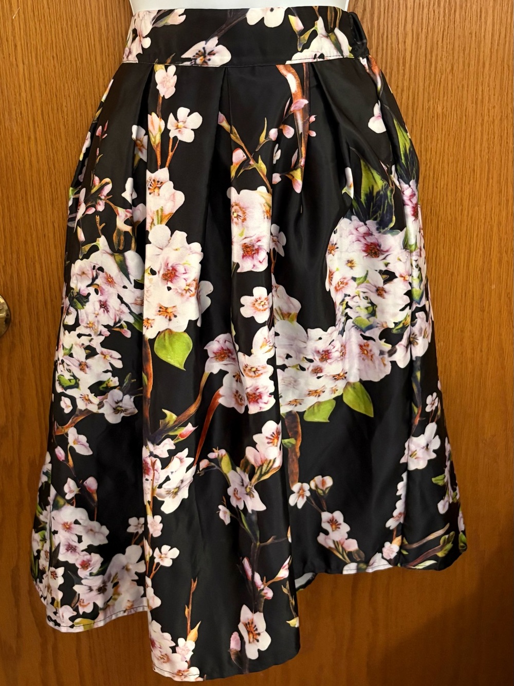 Choies Black Floral A-Line Midi Skirt with Pink and Green Accents